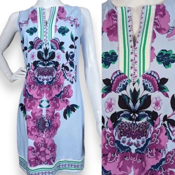 NEW YORK & COMPANY | Light Blue & Purple Floral Sleeveless Shift Dress | Large - Picture 1 of 7